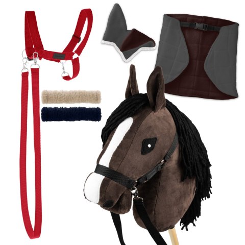 Zestaw Skippi - Hobby Horse Gniady - Derka szary i brąz - Kantar czerwony Zestaw Skippi - Hobby Horse Gniady - Derka szary i brąz - Kantar czerwony